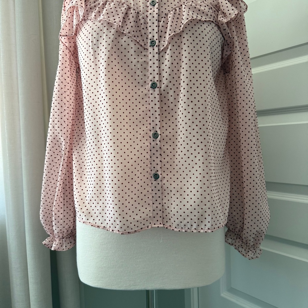 Zara Polka Dot Ruffled Button Down Blouse : Small - Picture 4 of 7